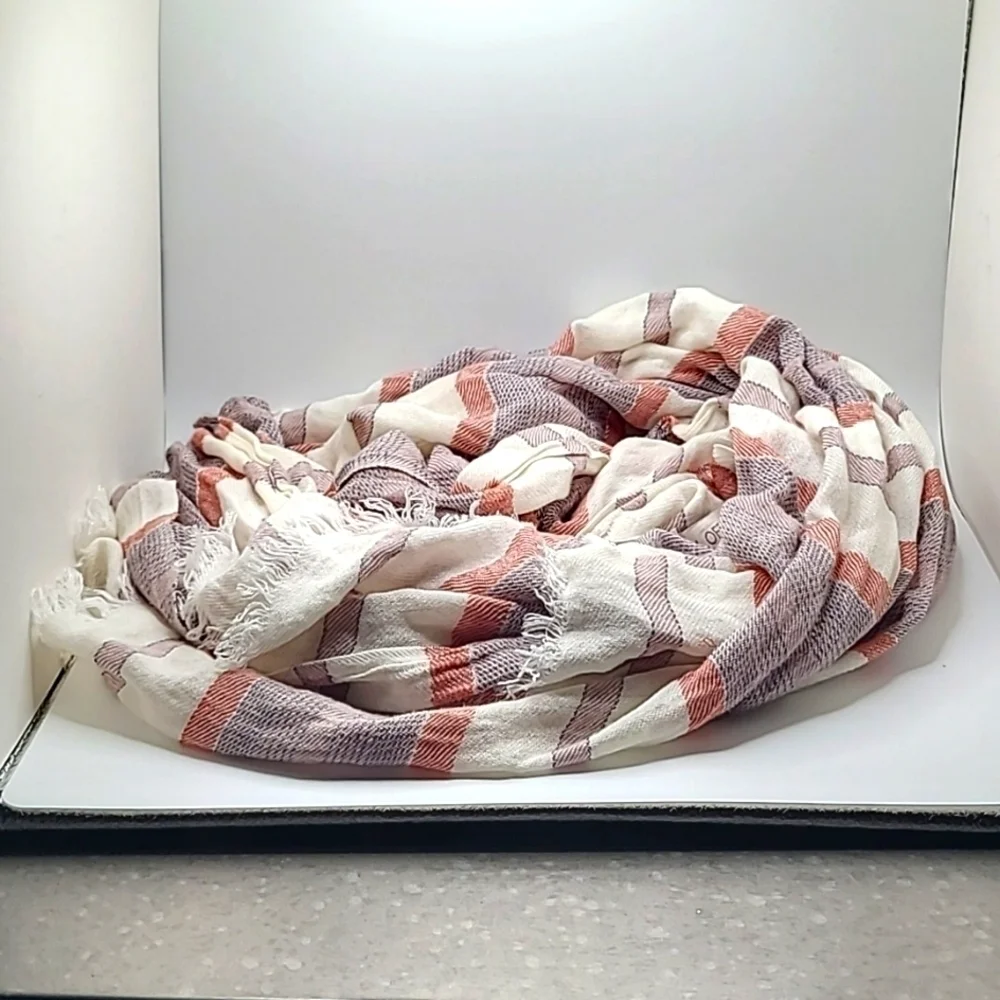 LOFT Ann Taylor Fringe Cotten Rayon Blend White Orange Purple Scarf